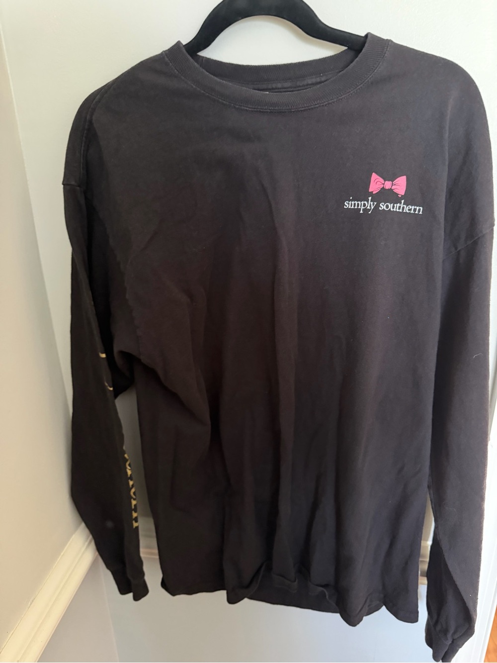 Simply Southern Black Long Sleeve Tee with Pink Bow Chest Graphic
